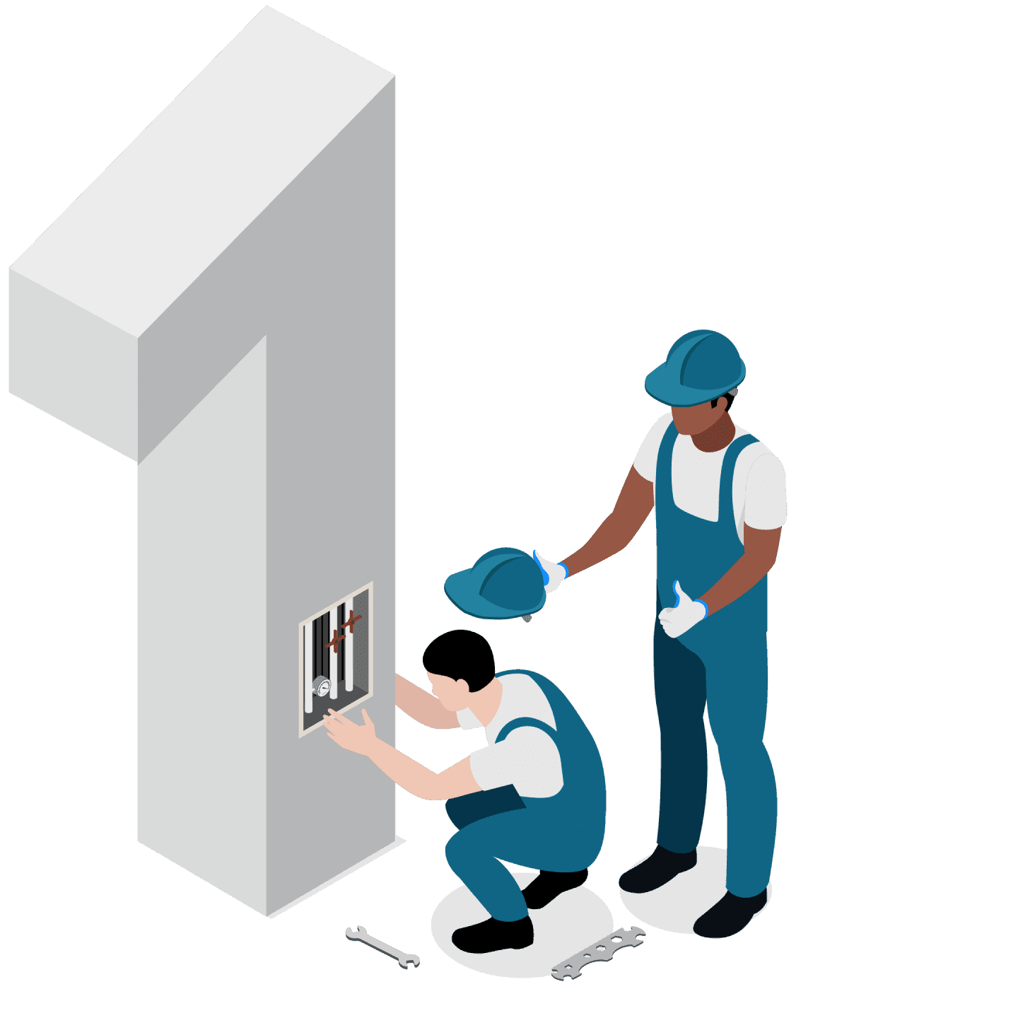 SHK Handwerker bei Reparatur. Ein Kollege setzt ihm dabei einen Sicherheitshelm auf.