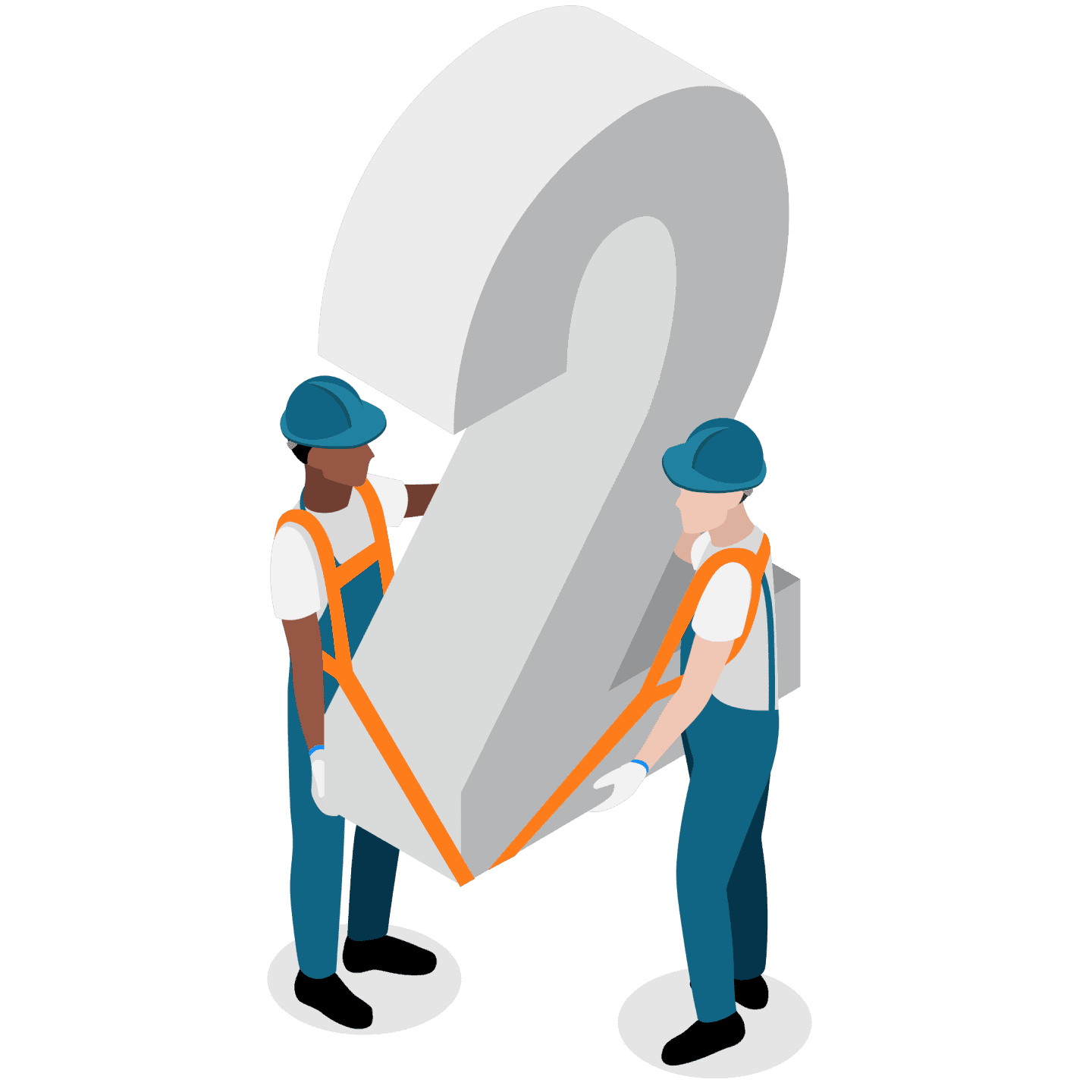 Zwei SHK Handwerker die mit Hilfe von Tragegurten eine riesige Ziffer 2 tragen